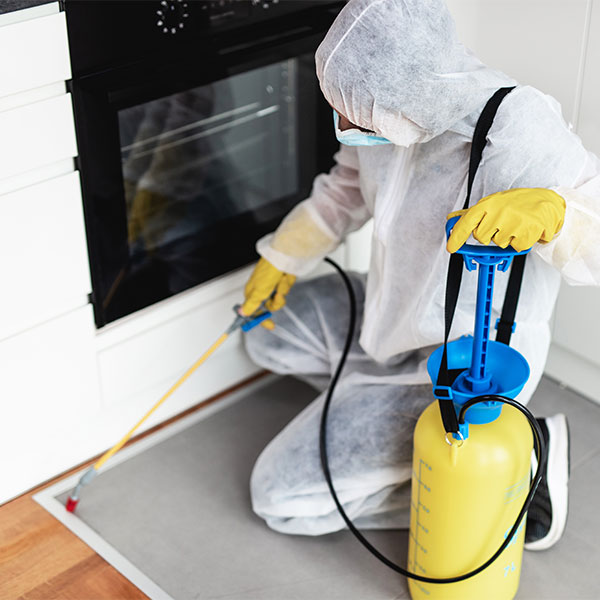 person spraying for bugs in kitchen